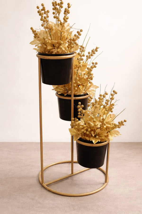 3 Pots Metal Plant Stand with Artificial Golden Flowers | Black Pots & Gold Frame Decor