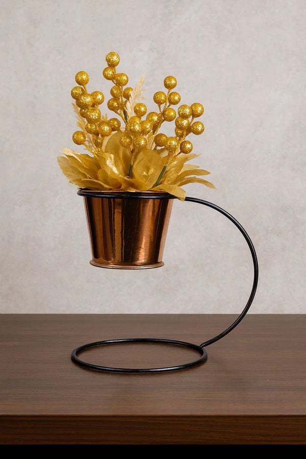 Artificial Golden Flower Plant with Copper Pot & Black Metal Stand for Home & Office Decor