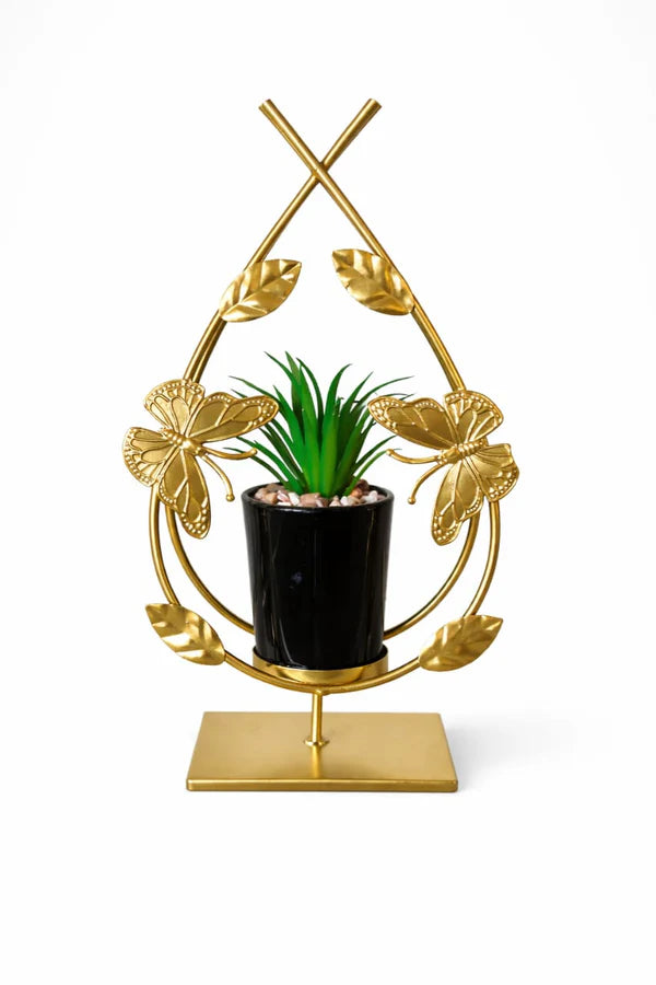 Artificial Green Plant with Black Pot & Golden Butterfly Metal Stand | Modern Indoor Showpiece
