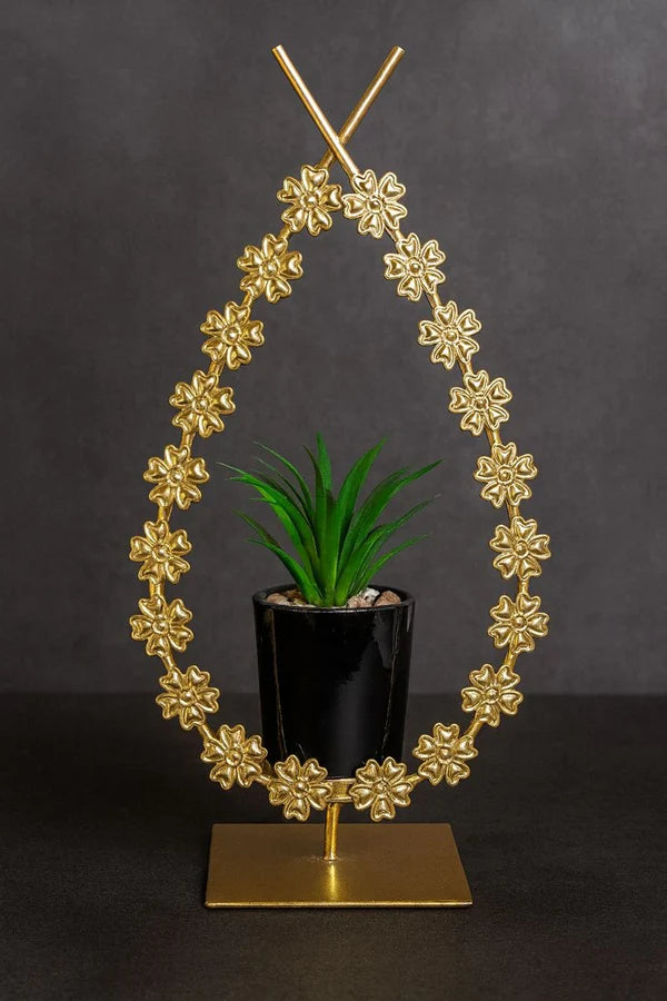 Artificial Green Plant with Black Pot & Golden Floral Metal Stand | Modern Indoor Showpiece & Gift