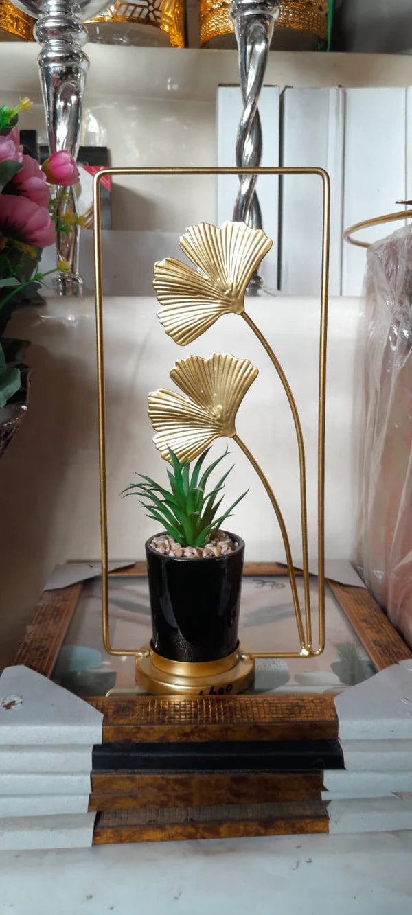 Artificial Green Plant with Black Pot & Golden Ginkgo Leaf Metal Stand | Modern Indoor Showpiece