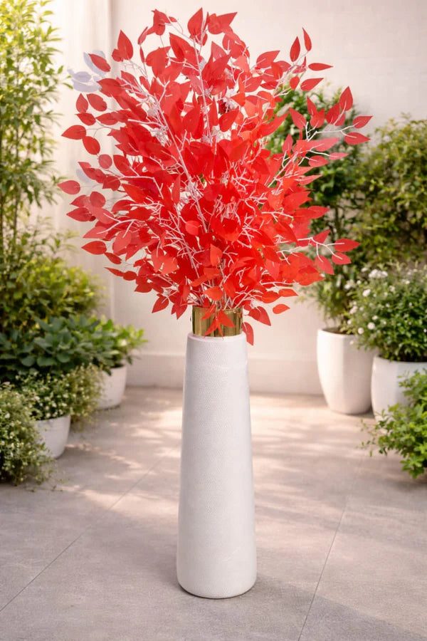 Artificial Red Leaf Plant Arrangement with Tall White Floor Vase | Luxury Living Room & Entrance Decor