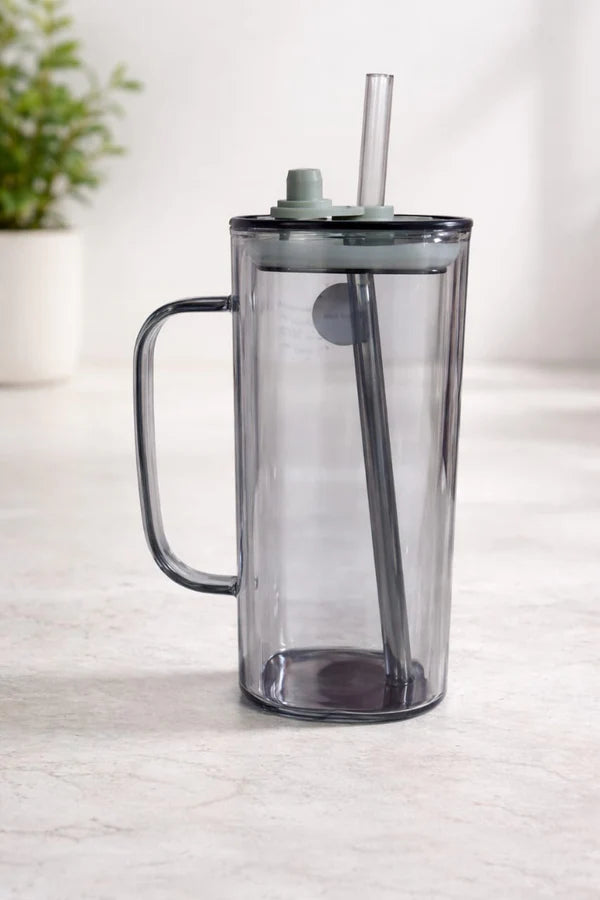 Clear Acrylic Tumbler with Handle & Straw – Smoke Grey Reusable Iced Coffee / Juice / Smoothie Cup