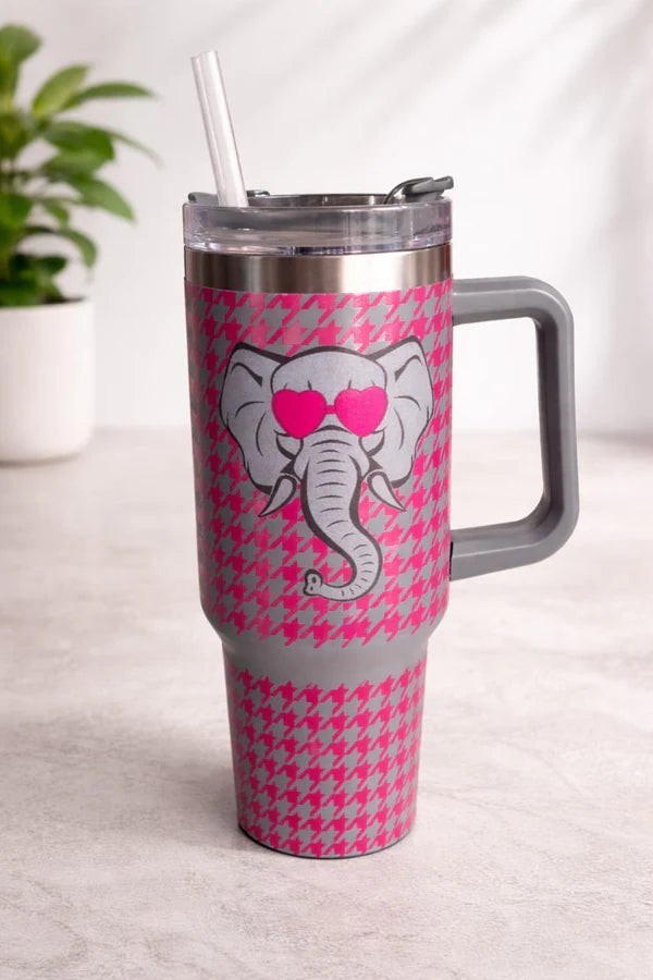 Cute Elephant Printed Insulated Stainless Steel Travel Tumbler with Handle & Straw – Pink Leak-Proof Coffee Cup for Hot & Cold Drinks