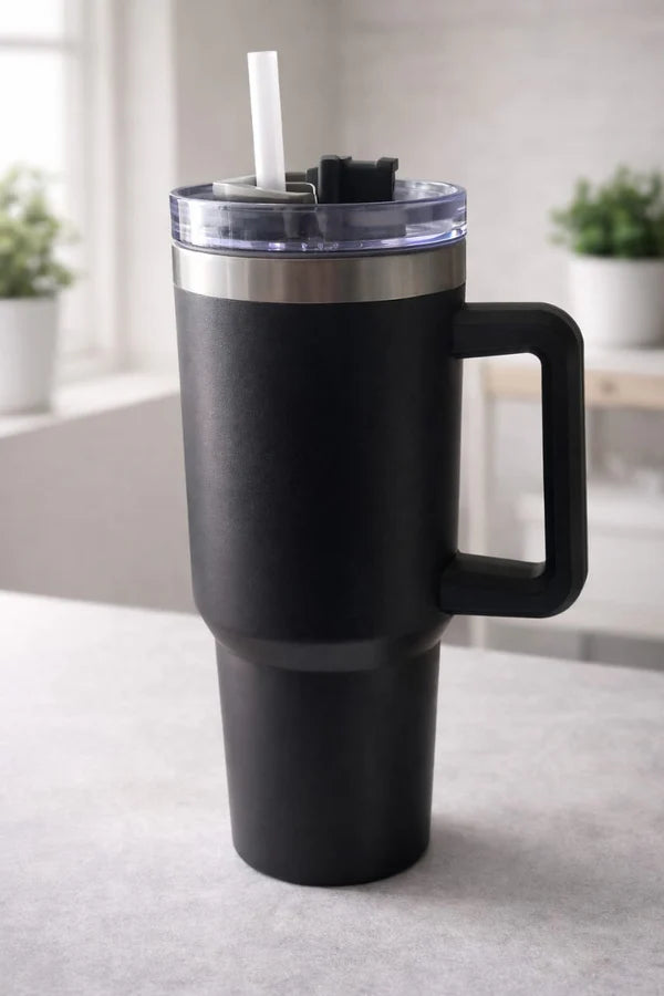 Large Insulated Stainless Steel Travel Tumbler with Handle & Straw – Black Leak-Resistant Mug for Hot & Cold Drinks, Car & Office Use
