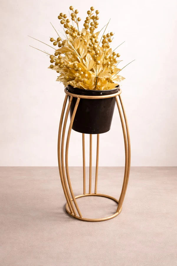 Metal Plant Stand with Artificial Golden Flowers | Black Pot & Gold Frame Decor