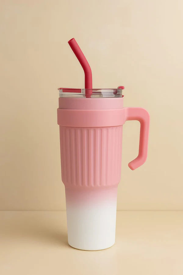 Premium Pink Insulated Travel Mug with Handle & Straw | Leak-Proof Reusable Coffee & Water Tumbler