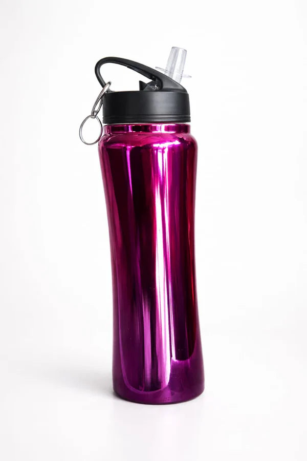 Stainless Steel Sports Water Bottle with Straw & Carabiner – 750ml Pink Metal Sipper for Gym, Travel, School & Office