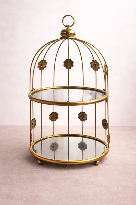 2 Tier Gold Metal Birdcage Serving Stand with Mirror Trays | Luxury Dessert & Fruit Display