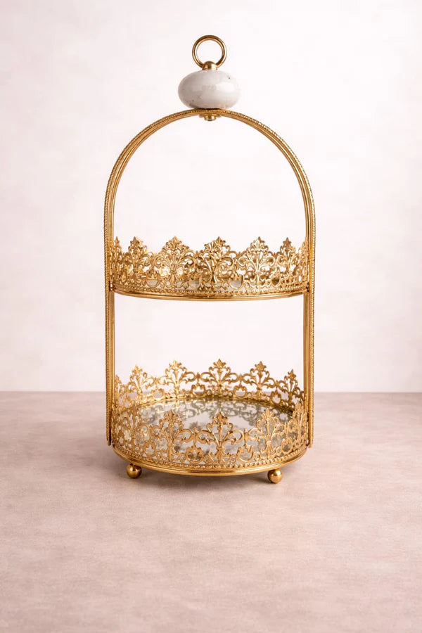 2 Tier Gold Metal Serving Stand with Marble Handle & Mirror Base | Luxury Dessert, Fruit & Kitchen Organizer