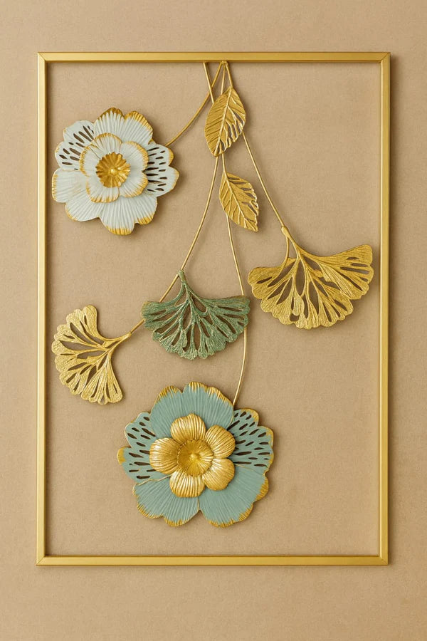 3D Metal Flower Wall Art Frame (Gold & Teal) | Luxury Floral Wall Hanging
