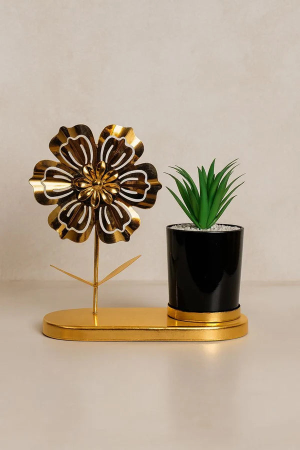 Artificial Green Plant in Black & Gold Pot with Golden Metal Flower Showpiece | Modern Indoor Desk Decor