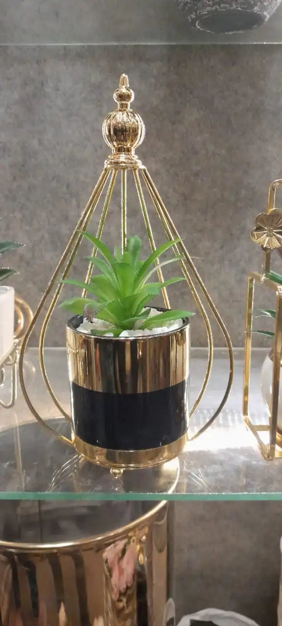 Artificial Green Plant in Black & Gold Pot with Golden Metal Stand | Modern Indoor Table Decor