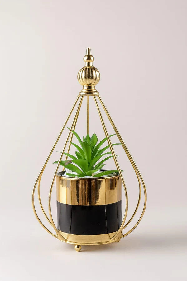 Artificial Green Plant in Black & Gold Pot with Golden Metal Stand | Modern Indoor Table Decor