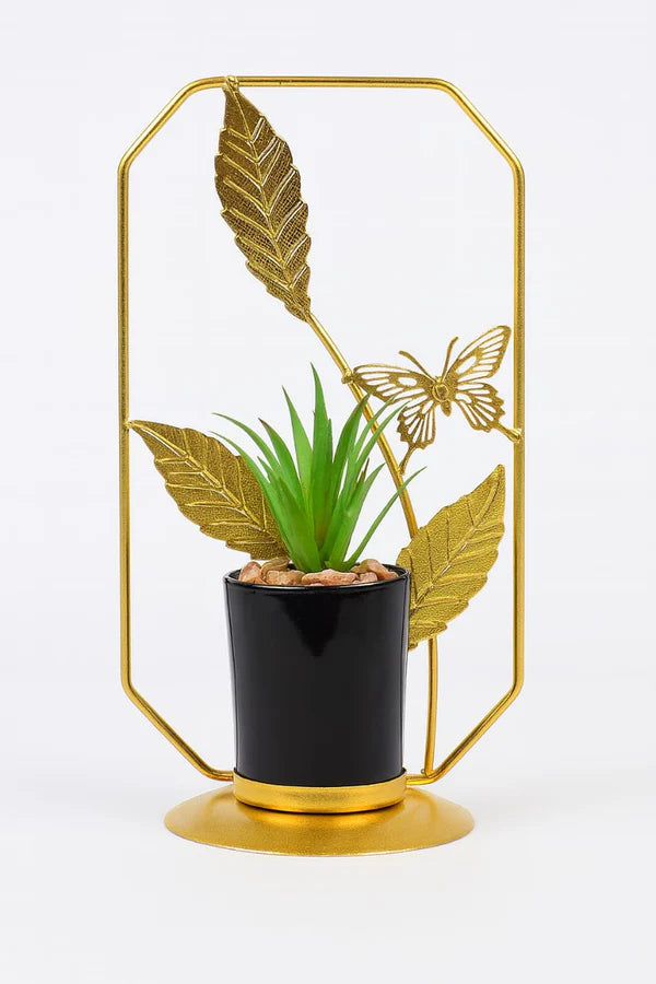Artificial Green Plant with Black Pot & Golden Butterfly Leaf Metal Stand | Modern Indoor Showpiece