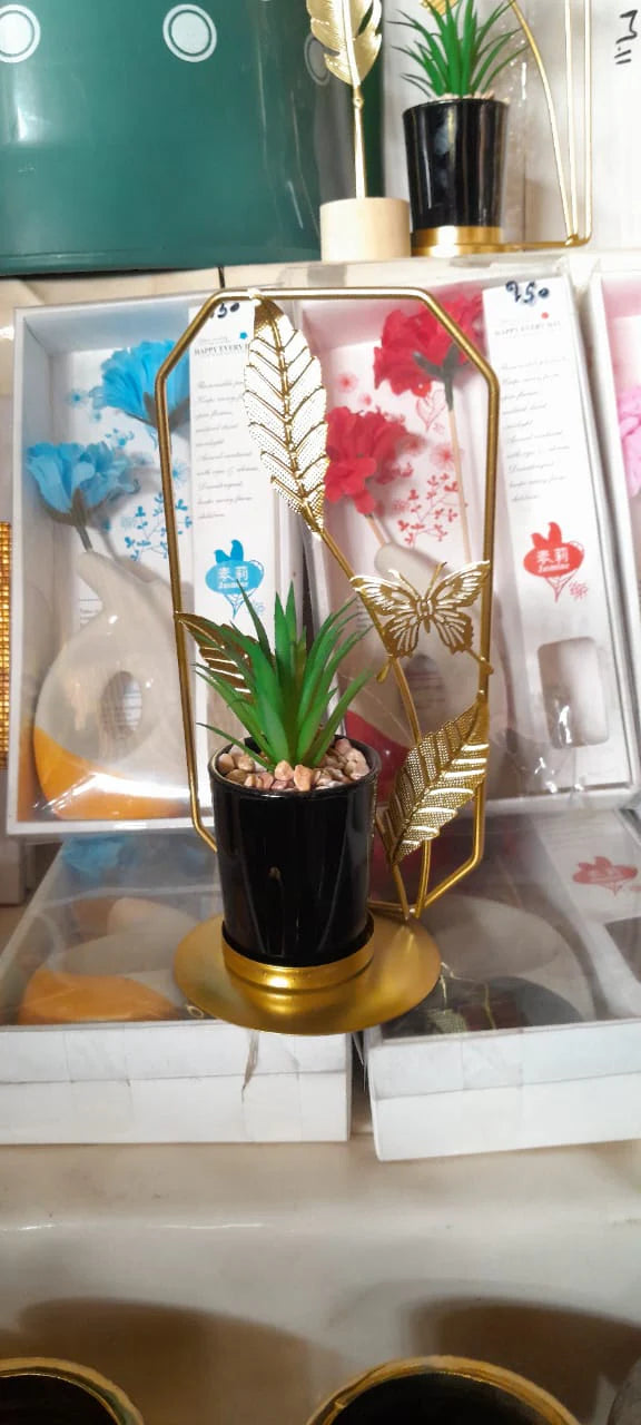Artificial Green Plant with Black Pot & Golden Butterfly Leaf Metal Stand | Modern Indoor Showpiece