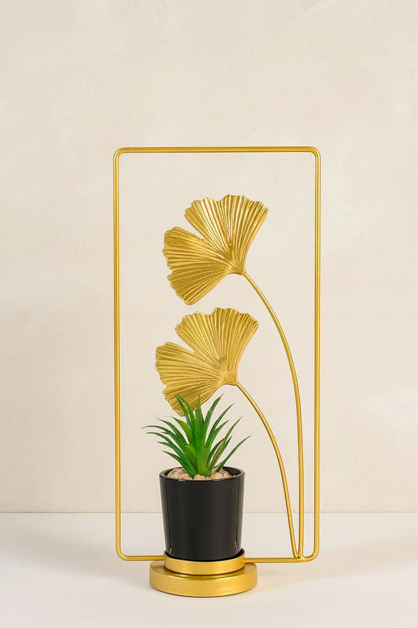 Artificial Green Plant with Black Pot & Golden Ginkgo Leaf Metal Stand | Modern Indoor Showpiece