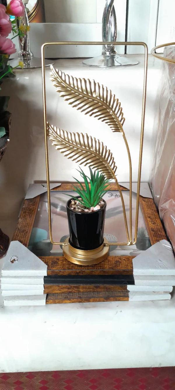 Artificial Green Plant with Black Pot & Golden Leaf Metal Stand | Modern Indoor Showpiece
