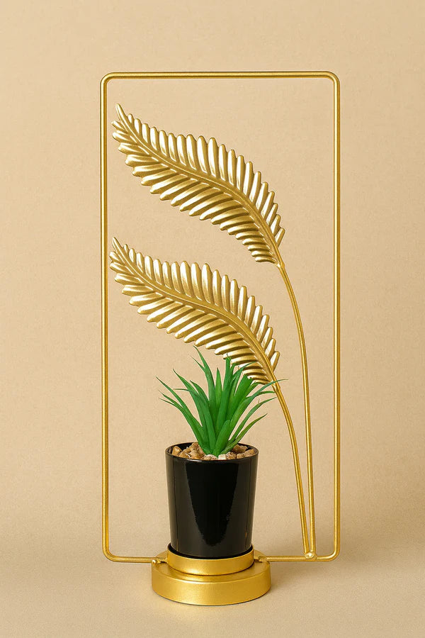 Artificial Green Plant with Black Pot & Golden Leaf Metal Stand | Modern Indoor Showpiece