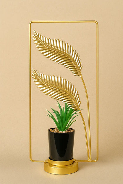 Artificial Green Plant with Black Pot & Golden Leaf Metal Stand | Modern Indoor Showpiece
