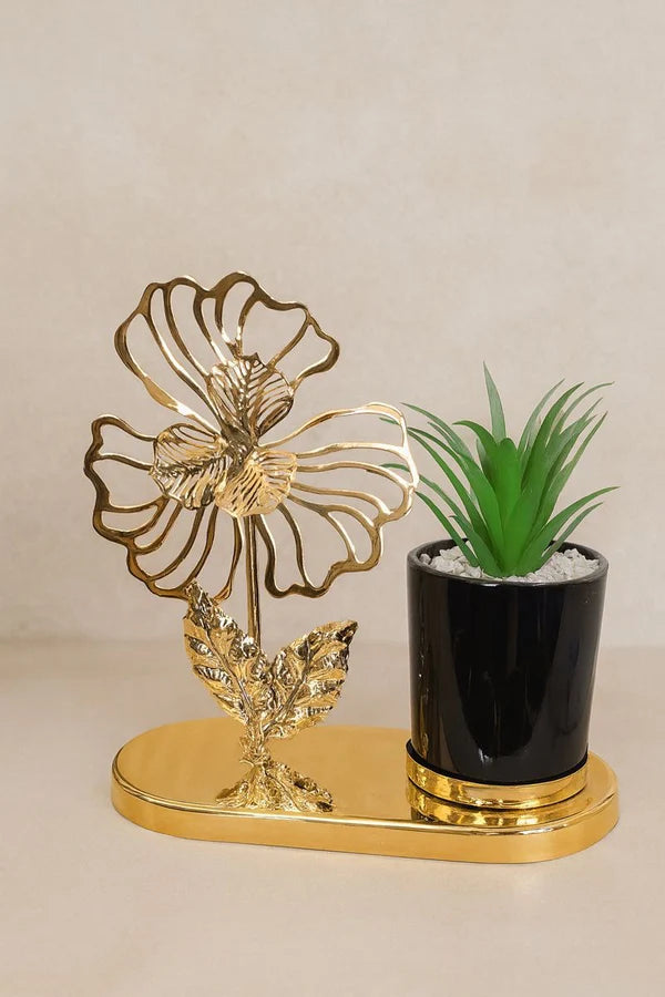 Artificial Green Plant with Black Pot & Golden Metal Flower Showpiece | Modern Indoor Table Decor