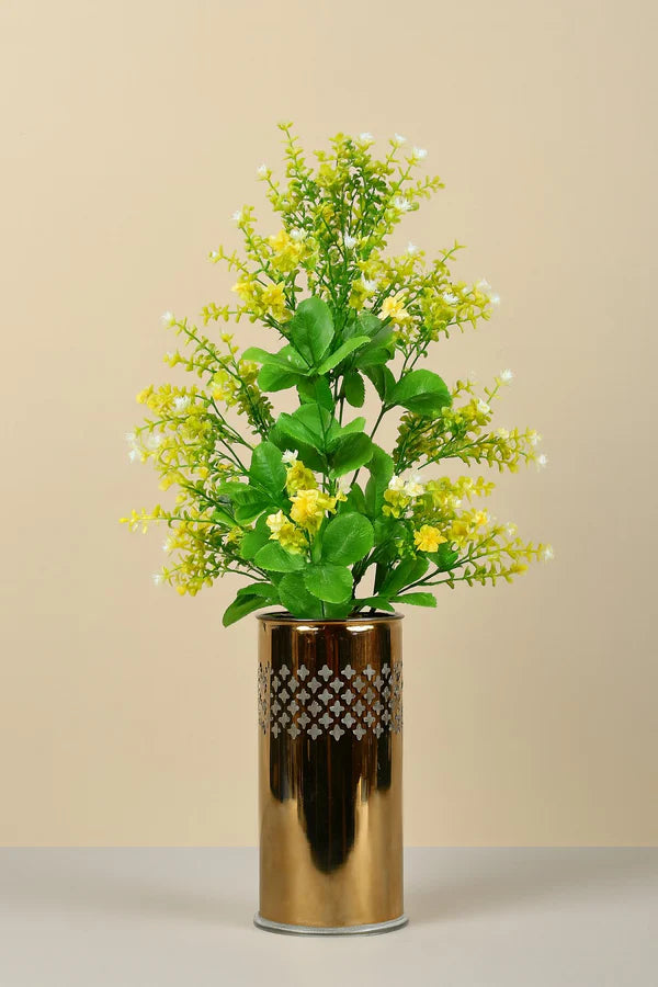 Artificial Yellow Flower Plant with Golden Metal Vase | Faux Indoor Flower Pot