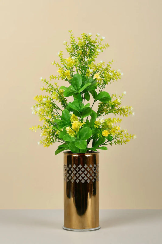 Artificial Yellow Flower Plant with Golden Metal Vase | Faux Indoor Flower Pot