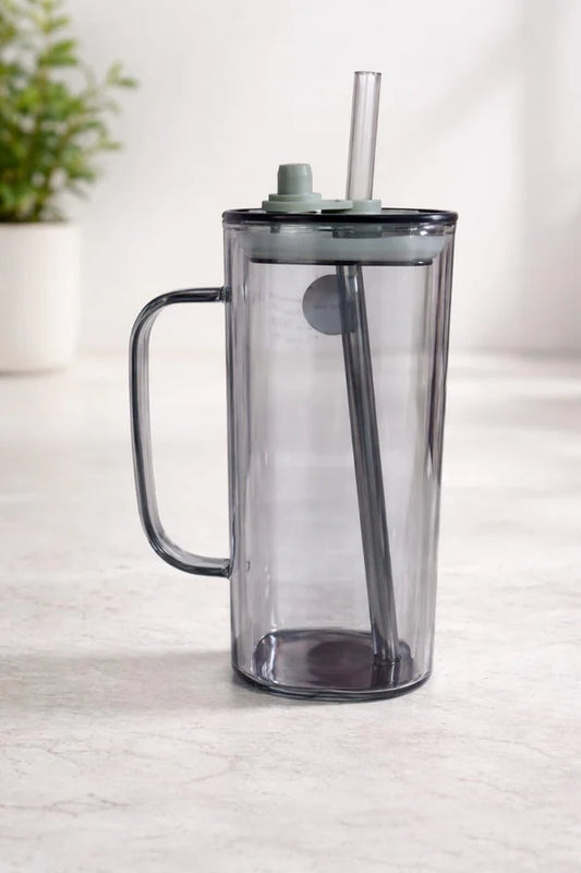 Clear Acrylic Tumbler with Handle & Straw – Smoke Grey Reusable Iced Coffee / Juice / Smoothie Cup