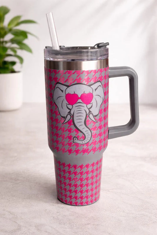 Cute Elephant Printed Insulated Stainless Steel Travel Tumbler with Handle & Straw – Pink Leak-Proof Coffee Cup for Hot & Cold Drinks
