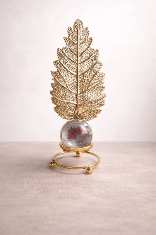 Golden Leaf Decorative Showpiece with Glass Orb | Luxury Metal Table Center piece