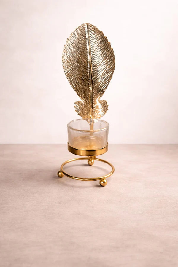 Golden Leaf Tealight Candle Holder with Glass Cup | Luxury Metal Table Decor