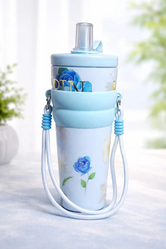 Kids Water Bottle with Straw & Shoulder Strap – Blue Floral Leak-Proof Sipper Cup for School, Travel, Picnic & Outdoor