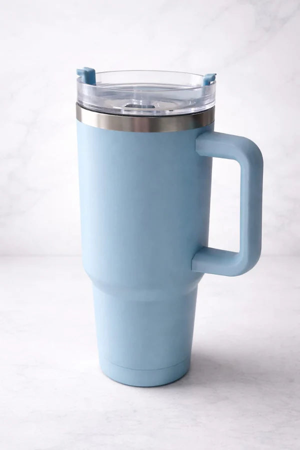 Large Insulated Stainless Steel Travel Tumbler with Handle – Sky Blue Leak-Proof Coffee Mug for Hot & Cold Drinks, Car Cup Holder & Office Use
