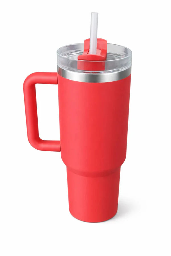 Large Insulated Stainless Steel Travel Tumbler with Handle & Straw – Red Leak-Proof Coffee Mug for Hot & Cold Drinks