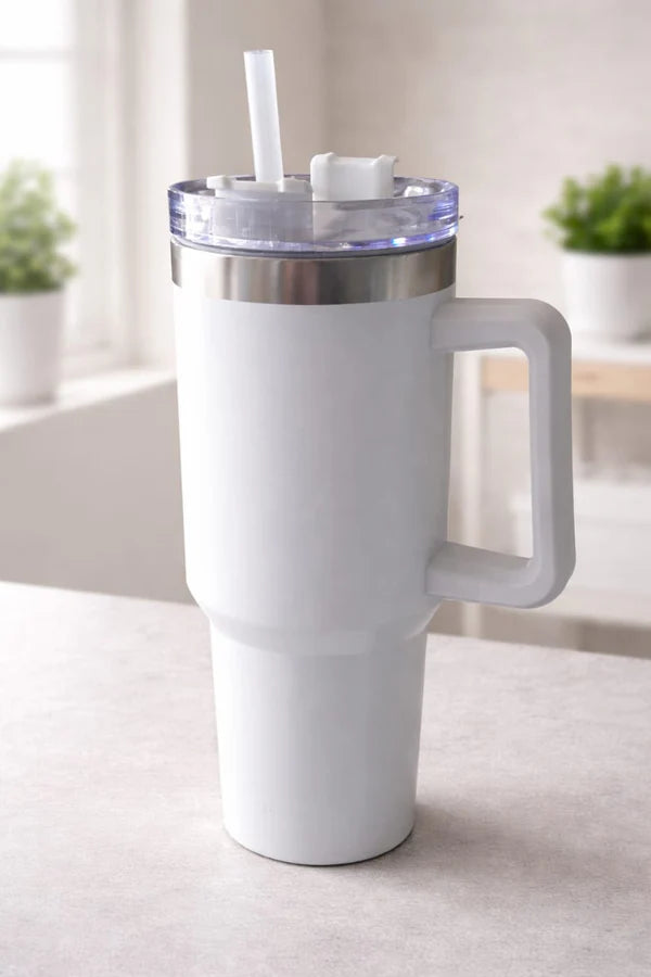 Large Insulated Stainless Steel Travel Tumbler with Handle & Straw – White Leak-Proof Coffee Mug for Hot & Cold Drinks
