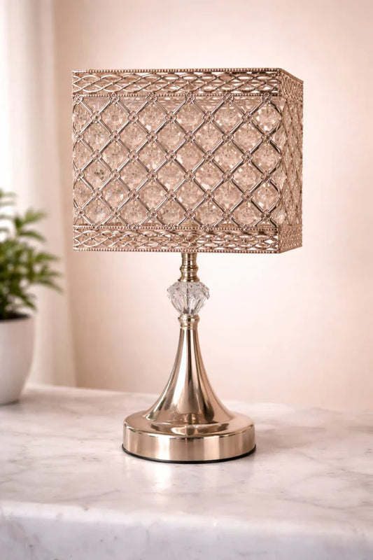 Luxury Crystal Table Lamp with Beaded Shade | Metal Base Night Lamp