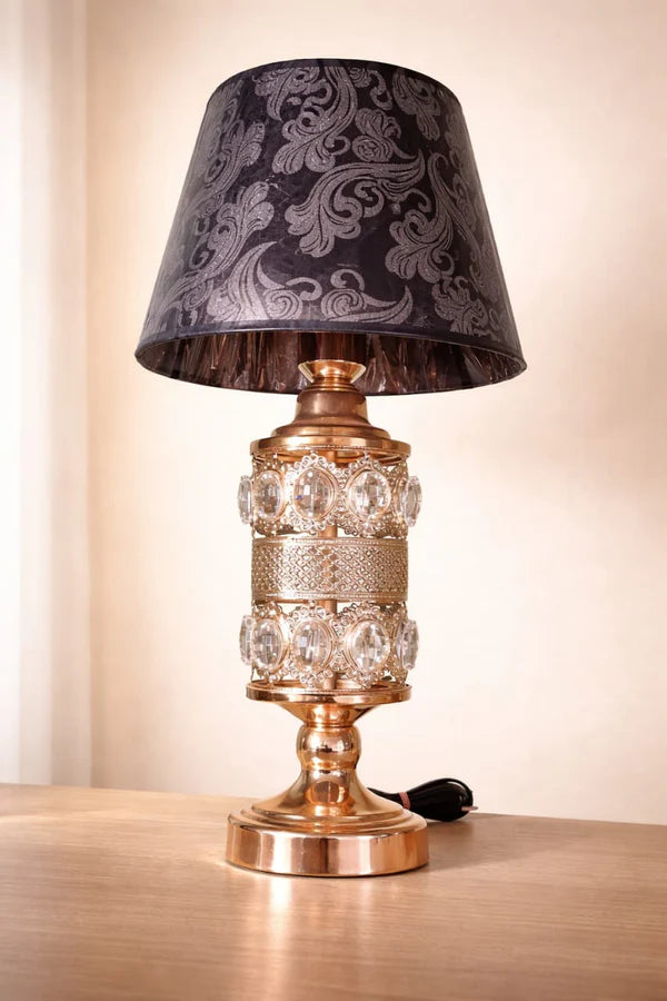 Luxury Crystal Table Lamp with Black Printed Shade | Gold Base Night Lamp