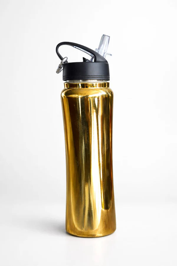 Stainless Steel Sports Water Bottle with Straw & Carabiner – 750ml Gold Metal Sipper for Gym, Travel, School & Office