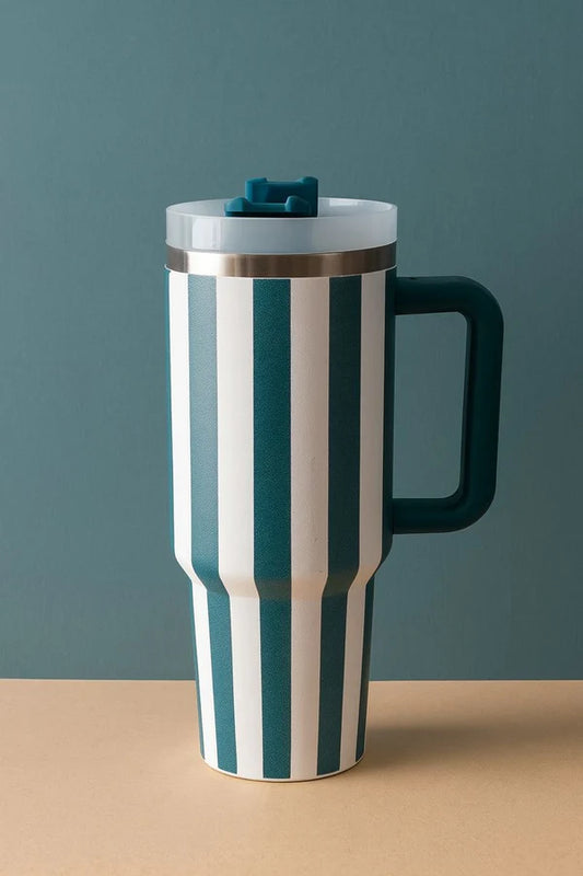 Striped Insulated Travel Mug with Handle | Large Capacity Leak-Proof Coffee Tumbler for Hot & Cold Drinks