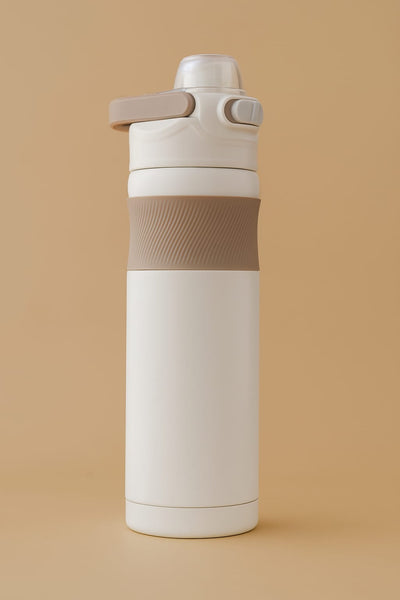 "Premium Double Wall Insulated Water Bottle with Flip-Top Lid and Anti-Slip Grip – 1L (Beige)"