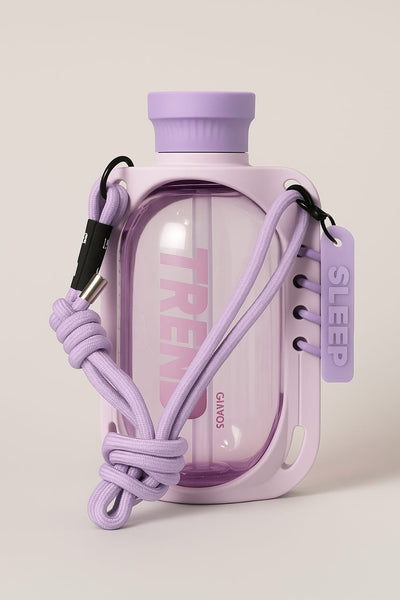 "Trendy Portable Water Bottle with Strap – Lavender Purple (Sleep Edition)"