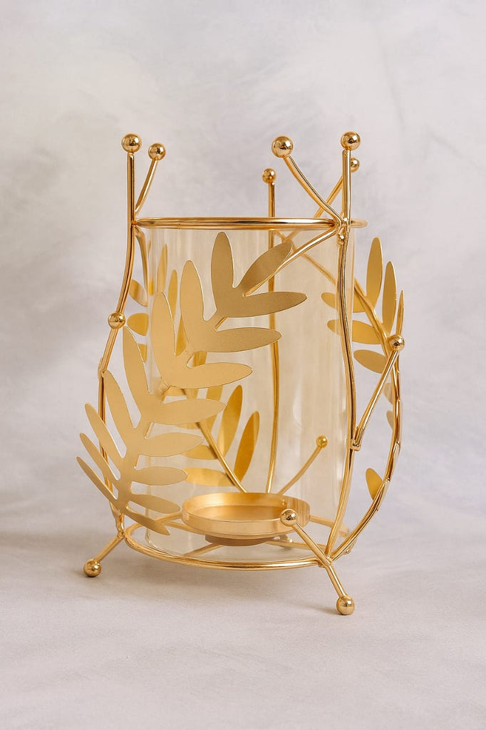 Golden Leaf Tealight Candle Holder – Decorative Glass & Metal Lantern