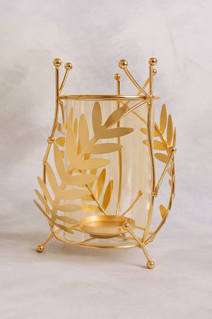 Golden Leaf Tealight Candle Holder – Decorative Glass & Metal Lantern