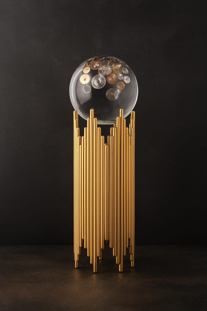 Luxury Kinetic Gear Globe Sculpture – Crystal Sphere on Golden Pipe Pedestal