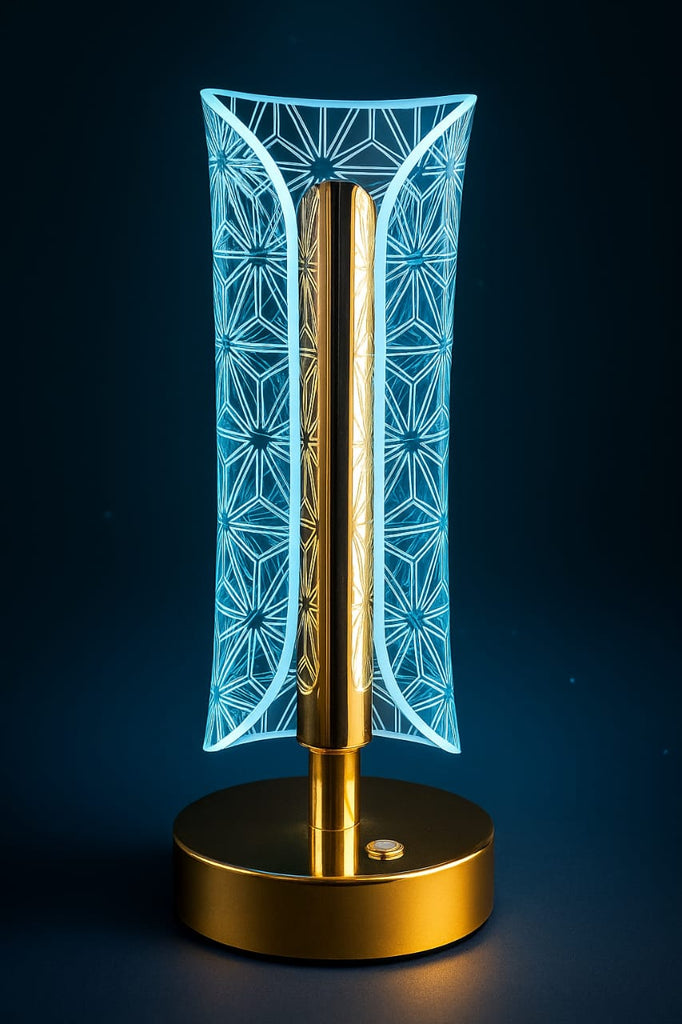 "Futuristic Geometric LED Table Lamp – Gold Base with 3D Acrylic Light Design