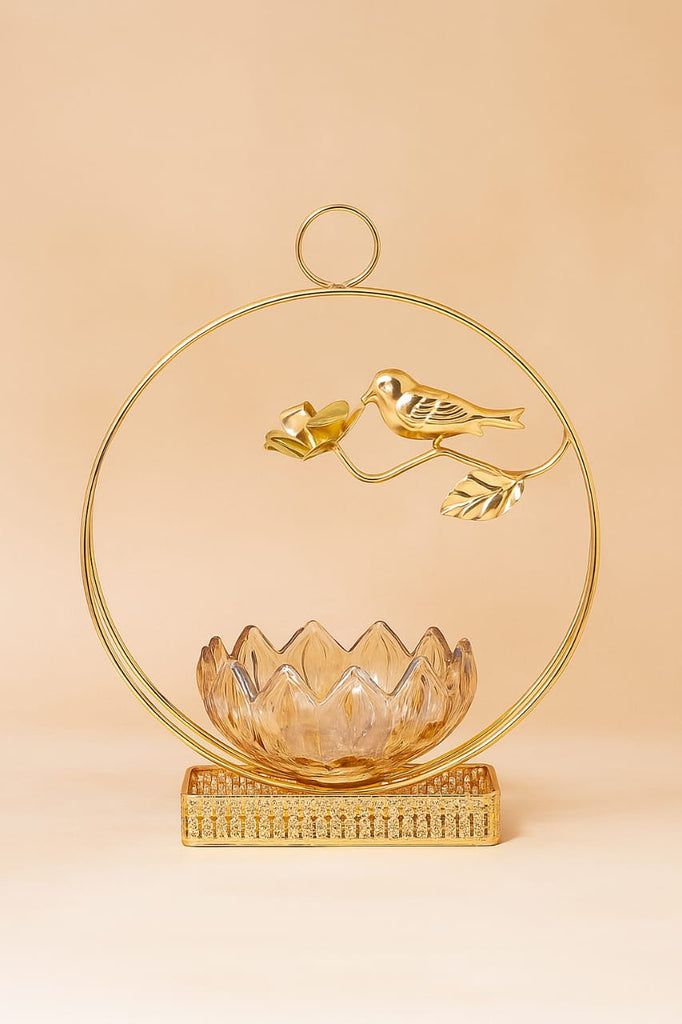 Golden Serenade: Bird & Blossom Crystal Bowl