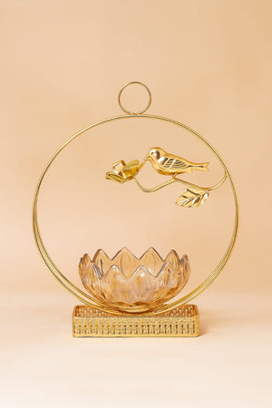 Golden Serenade: Bird & Blossom Crystal Bowl