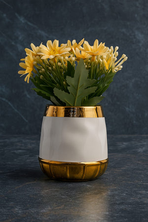 Artificial Yellow Daisy Flower Arrangement in White and Gold Ceramic Vase