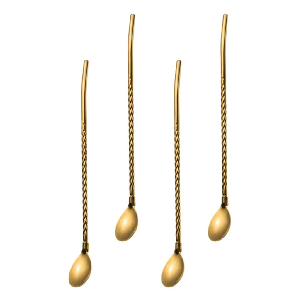 Premium Gold Stainless Steel Long Handle Mixing Spoons – Set of 4 Twisted Barista Coffee & Cocktail Stirrers