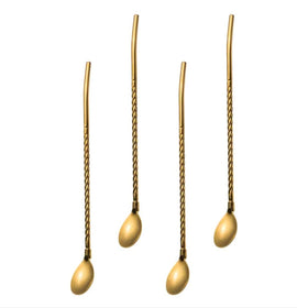 Premium Gold Stainless Steel Long Handle Mixing Spoons – Set of 4 Twisted Barista Coffee & Cocktail Stirrers